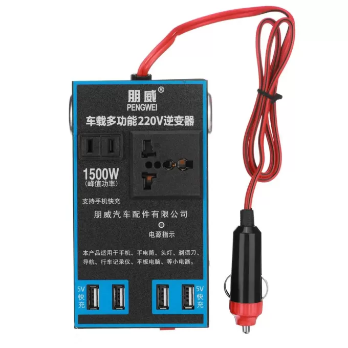 12/24V DC to 220V AC Car Power Inverter 1500W Voltage Transformer with 4 USB Remote Control for Car Solar/Wind Electric Power